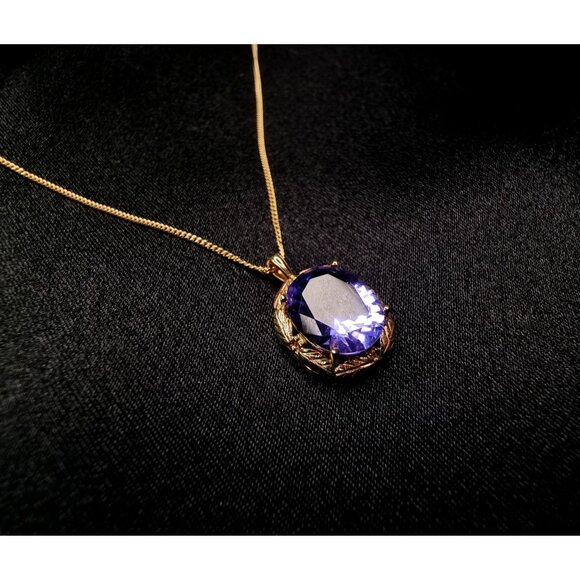 10K Solid Gold Amethyst Pendant Necklace Oval Cut With Rope Chain - Picture 1 of 6
